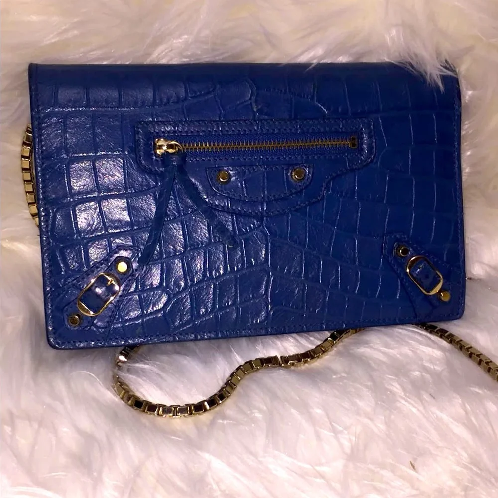 Balenciaga Blue Crocodile Embossed Leather Wallet on Chain Bag - Picture 3 of 11